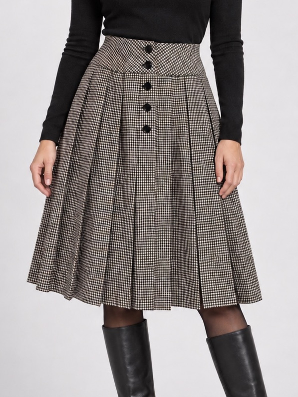 Vintage Dorlene High-Waist Pleated Houndstooth Knee-Length Skirt Small